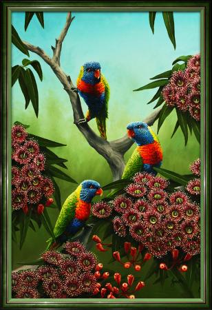 animals-birds-rainbow-lorrikeet-rainbows-and-reds-gum-tree-oil-painting-peter-jantke-art-1000