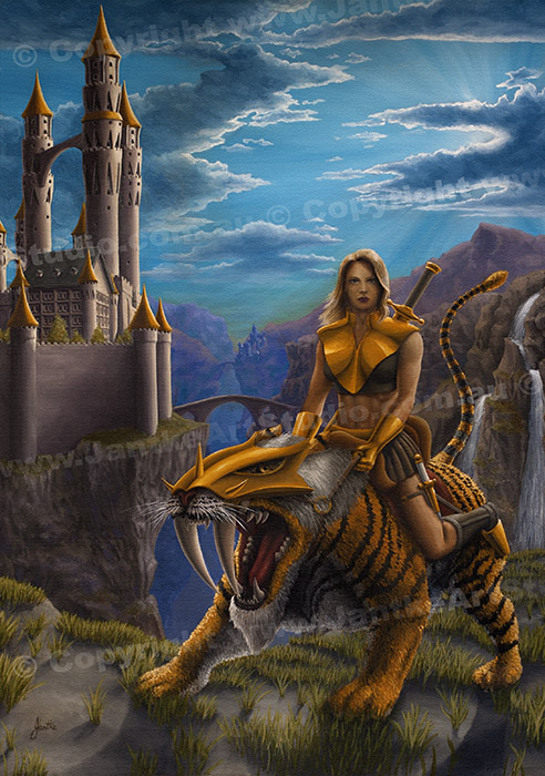 PRC007-main-jas-fantasy-art-dawn-patrol-castle-sabretooth-tiger-female-woman-warrior-jantke-art-print